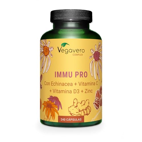 Complejo Defensas Inmunitarias | 100% NATURAL | 240 Cápsulas | Vitamina C, D3 + Equinácea + Zinc + Selenio + Jengibre | Immu Pro Complex | Sin Additivos y Vegano | Vegavero