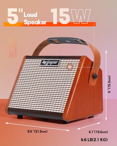 Leo Jaymz 15W Portable Electric Guitar Amp with BT, Rechargeable Battery, Built-in Effects Reverb, Overdrive, EQ, Woodgrain Finish, and 6.35mm Headphone Jack (AG-15) - Thumbnail 4