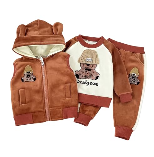 Image of Bold N Elegant Cotton Blend Cute Cartoon Bear Graphics Winter Warm Sweatshirt Hood Jacket And Jogger Pant 3 Pc Layering Clothing Set For Infant Toddler Kids