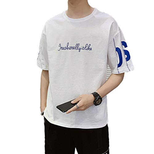 Camiseta de Manga Corta de Cuello Redondo de algodón para Hombres de Cinco Puntos de Manga Media T-Shirt-White-XXXL