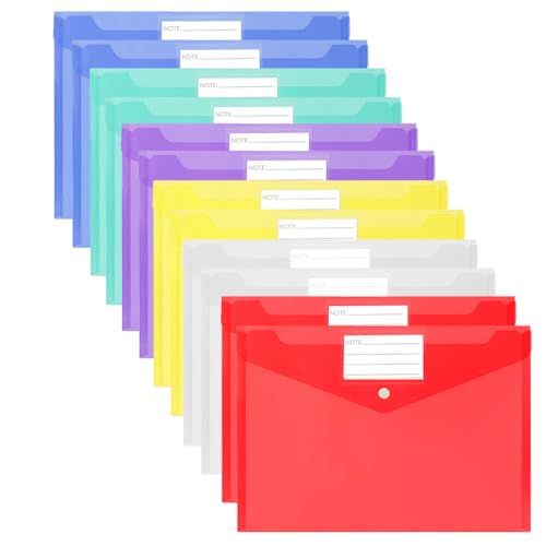 Plastic Wallets - 12 Pack A4 Folders Waterproof Plastic Wallets Document Folder Files Popper Wallets with Snap Button and Label for Home Office School and Travel