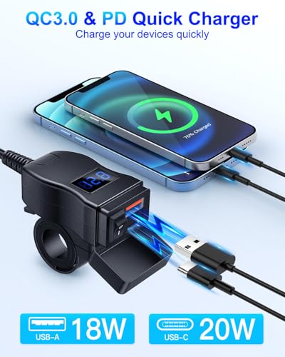 Karlass Motorcycle USB Charger,Waterproof Quick Disconnect SAE to USB Adapter, Dual USB Type C PD & Quick Charge 3.0 Motorcycle Phone Charger with Voltmeter & ON/Off Switch for All Phone,Tablet, GPS