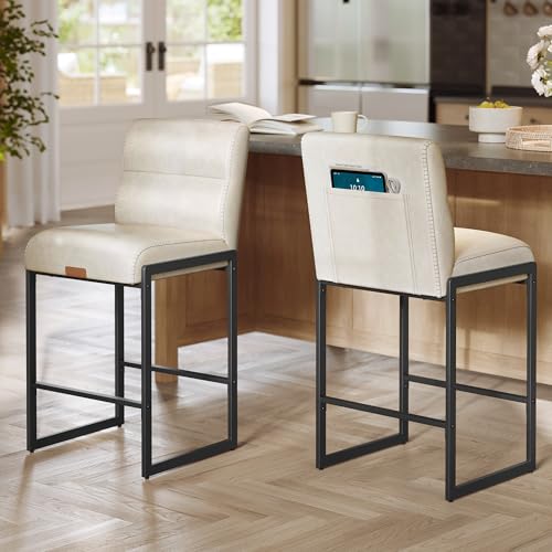 Image of VASAGLE EKHO Collection - Bar Stools Set of 2, Counter Height Stools with Backs, 26.4-Inch Barstools Chairs, Synthetic Leather with Stitching, Mid-Century Modern, Cream White ULBC116WD02