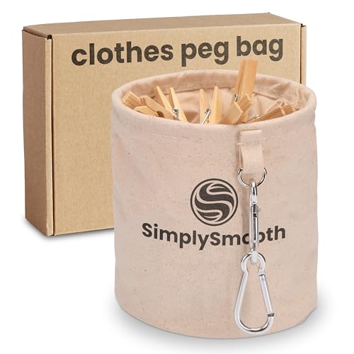 SimplySmooth Sac à Pinces à Linge 100% Coton – pour 100 Pinces, avec Mousquetons Larges et Fermeture, Panier Suspendu Pratique