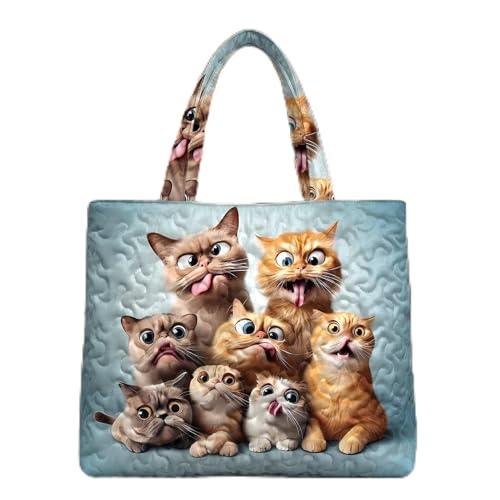 Image of Cuyoyoa Quilted Tote Bag for Women,Cat Dog | Casual Vintage Work Large Shoulder Grocery Carry Tote Retro Stacked Animals - 2