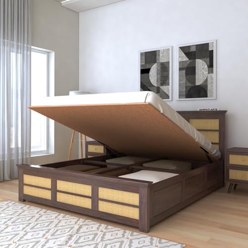 Image of Ganpati Arts Solid Sheesham Wood Queen Size Cane Bed with Hydraulic Storage | Solid Wooden Double Bed Cot Bed with Box with Headboard (Walnut Finish)