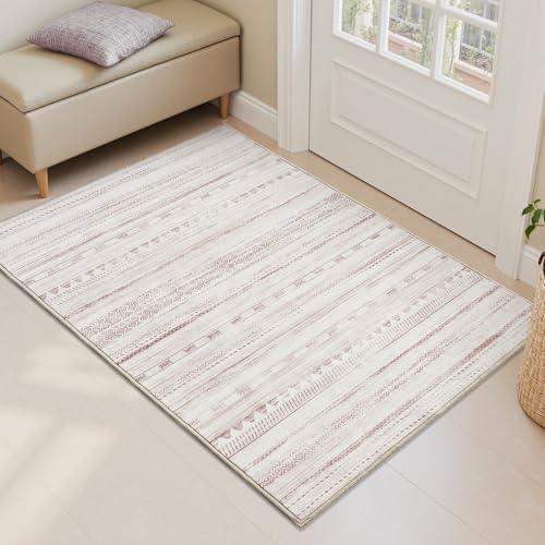 Small Area Rug-2x3 Entryway Rug Non Slip Washable Low Pile Indoor Door Mat Neutral Distressed Boho Moroccan Entrance Rugs Carpet for Bedroom Kitchen Powder Room Front Porch Bathroom, Pink