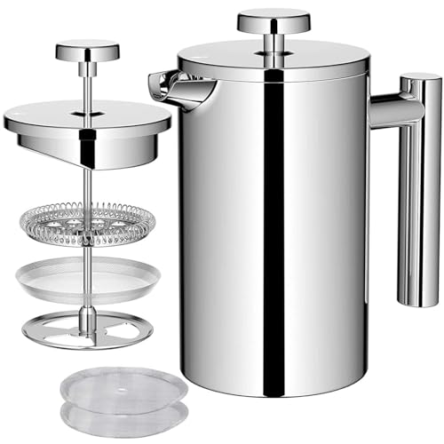 1000ml Stainless Steel French Press Coffee Maker – Double Wall Insulated, 3-Level Filtration System, Heat Resistant Cafetière for Home, Office & Camping