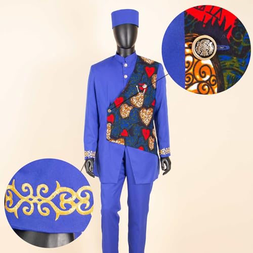 Men`s Suit Embroidery Double Breasted Print Blazer Trousers and Hat Set Formal Outfits African Clothes Wedding4