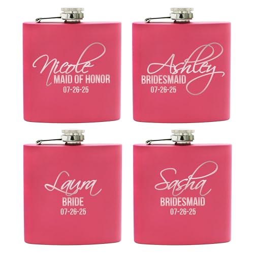 Product Image of the My Personal Memories Set of 2, 4, 6, and More Engraved Wedding Party Pink Flasks - Custom Personalized Bridesmaid, Bride Gift Sets - Feather Tip Style (4)