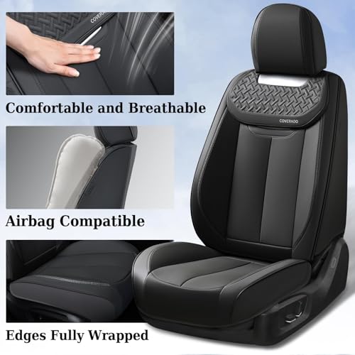 Image of Coverado Car Seat Covers Front Seats, Nappa Leather Front Seat Covers, Waterproof Car Seat Cushion, Black Seat Covers Car Seat Protector Interior Accessories Fit for Most Cars