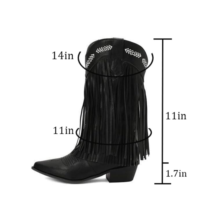 Women'S Leather Low Block Heel Tassel Western Cowboy Boots Classic Pointed Toe Embroidery Tassel Pull On Chunky Heels Mid Calf Boots For Parties Prom3