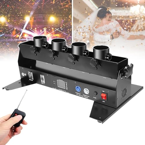 hKjPlvf Lanzador de Confeti Portátil, Máquina de Confeti de 4 Disparos, DMX 512/Control Remoto, Distancia de Rociado: 8-10 Metros, Ángulo Ajustable, para Fiestas, Eventos, Bodas,Escenarios,Conciertos