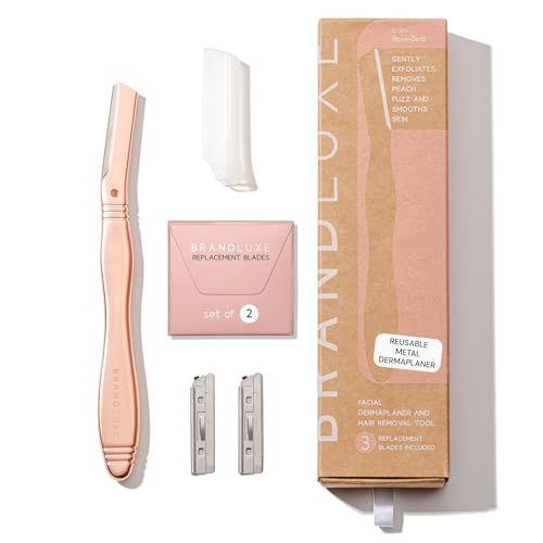 Brandluxe Dermaplaning Tool for Face, Eyebrow Shaping, Hair Removal and Exfoliation. Eco-friendly design. Includes 3 Swedish stainless steel blades in RoseGold (Starter Kit)