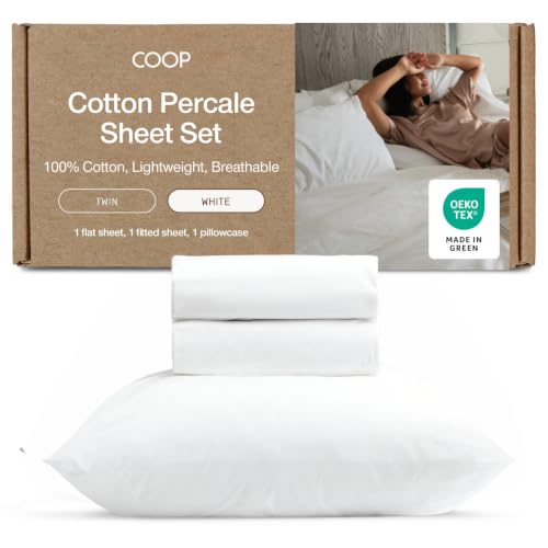 Image of Coop Home Goods Cotton Percale Bed Sheet Set Twin, White, Crisp 100% Cotton Sheets for Hot Sleepers, Breathable Deep Pocket Queen Sheets and Pillowcase Set, Oeko-TEX Certified