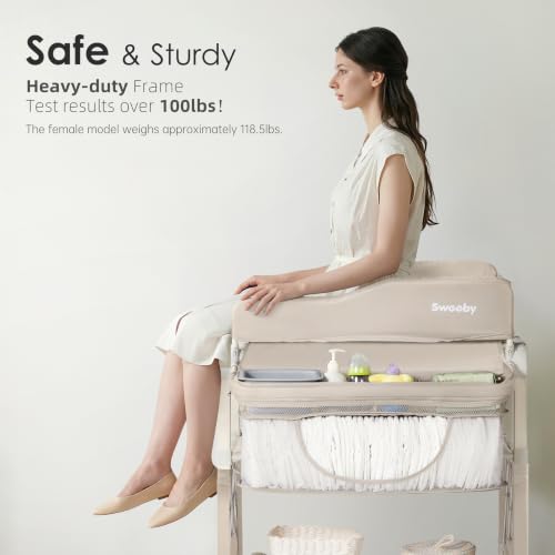 Image of Sweeby Portable Baby Changing Table, Foldable Diaper Changing Station with Waterproof Pad, Mobile Nursery Organizer for Infant & Newborn Essentials, Beige, Gen 2
