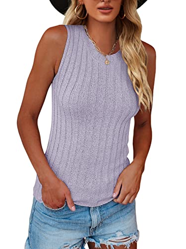 Image of Saodimallsu Womens High Neck Tank Top Summer Ribbed Sleeveless Shirts Casual Loose Knit Cami Sweater Vest