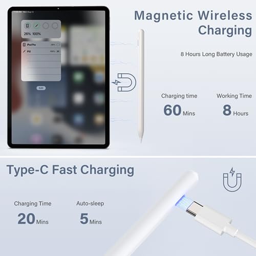 Image of Kingone Magnetic Charging Pencil (3Rd Gen) For Apple iPad, Wireless & Type-C Charging Stylus Pen, Compatible With Apple iPad Pro 11 inch 1 /2 /3 /4 & 12.9 inch 3 /4 /5 /6,Air 3 /4 /5, Mini 6, White
