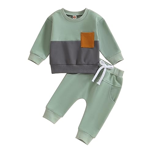 Image of Toddler Baby Boy Fall Outfit Contrast Color Sweatshirt Tops with Elastic Waist Pants Cute Infant Newborn Winter Clothes (Contrast Color Green, 18-24 Months)