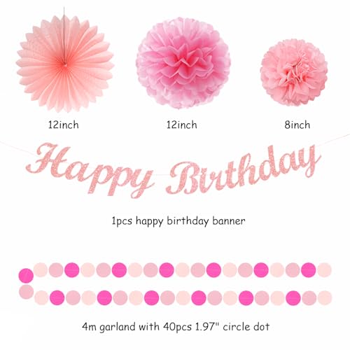 Image of Hot Pink Birthday Party-Decorations Paper-Flowers - 14pcs Happy Banner Girl Lanterns Tissue Pom Poms,Women Streamers Garland Fans,21st 18th Princess Baby Sweet 16 Pretty Hanging Supplies Decor Hugfond