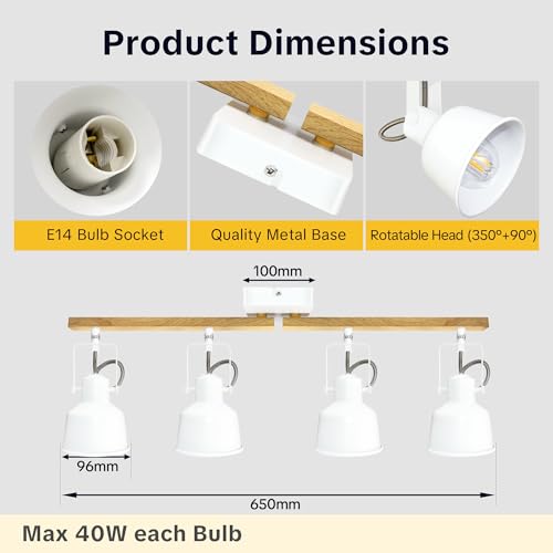 Plafonnier industriel blanc à 4 spots orientables E14 avec base rectangle bois - 6