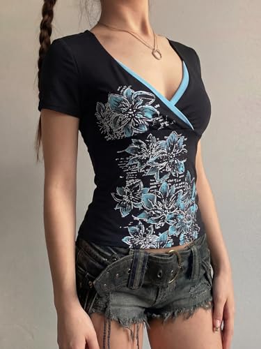 Image of EMMIOL Y2K Fairy Grunge Short Sleeve Shirts for Women Vintage Floral Graphic V Neck Cute Going Out Tops Emo Summer Tee