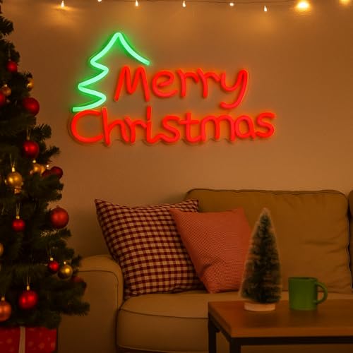 Insegna Neon LED Merry Christmas USB, 2 Design Assortiti Multicolore – Decorazione Luminosa da Parete per Feste e Vetrine - Varzi dal 1956