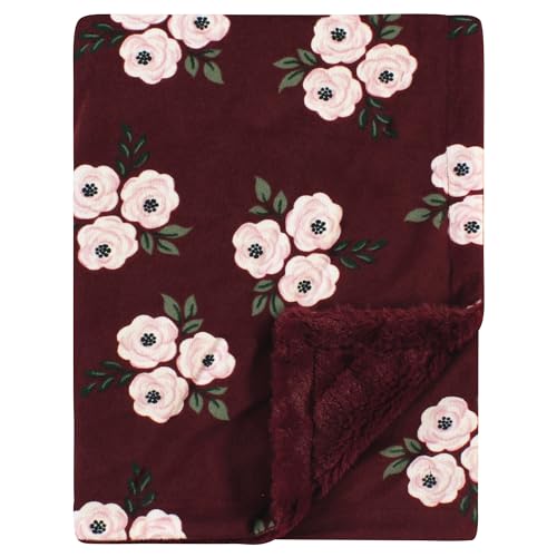 Image of Hudson Baby Unisex Baby Plush Blanket with Furry Binding and Back, Burgundy Floral, One Size