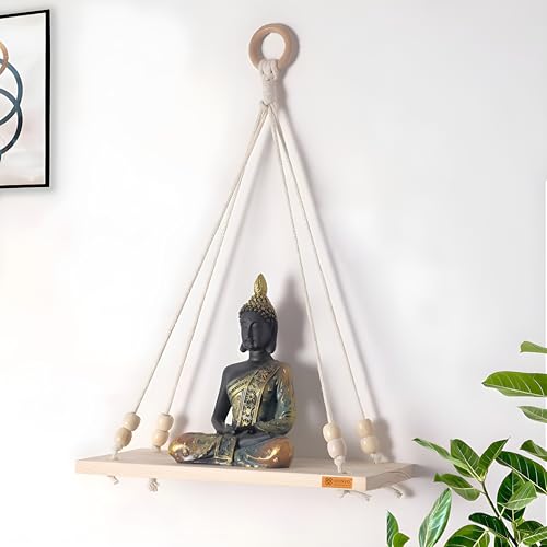 Image of Boho Wooden Hanging Shelf with Beads & Macrame Rope, Adhesive Wall Hook| Rustic Swing Wall Art for Plants, Living Room, Bedroom | Pine Wood, Handcrafted