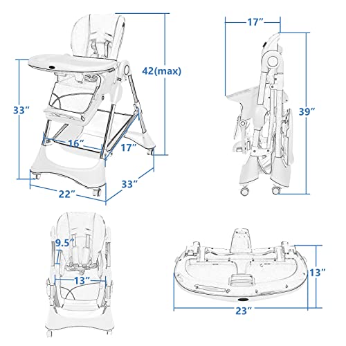 Image of INFANS High Chair with One-Hand Removable Tray, 4 Lockable Wheels & Large Storage Basket - Multi-Adjustable Height, Recline & Footrest, Removable Cushion, Foldable for Baby, Infant& Toddler (Navy)
