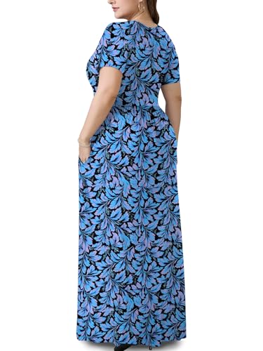 Image of PEVRL Plus Size Summer Maxi Dress for Curvy Women with Pockets 1X-5X | Short Sleeve, Twisted Front V-Neck, Summer Casual A Line Flowy Dress, Empire Waist Floral Print Beach Vacation Long Dress