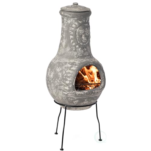 Outdoor Clay Chiminea Fireplace Sun Design Wood Burning Fire Pit with Sturdy Metal Stand Barbecue Cocktail Party Cozy Nights Fire Pit Gray