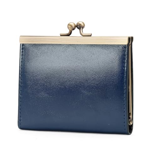 Image of GOIACII Credit Card Holder Vintage Wallet for Women Genuine Leather Ladies Card Cases with Kiss Lock Small Blue