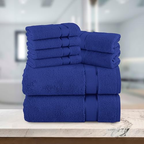Image of Elegant Comfort Premium Cotton 8-Piece Towel Set, Includes 4 Washcloths, 2 Hand Towels and 2 Bath Towels, 100% Turkish Cotton - Highly Absorbent and Super Soft Towels for Bathroom, Royal Blue