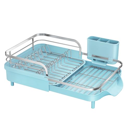 Image of SAYZH Dish Drying Rack - Expandable Dish Rack for Kitchen Counter, Rust-Resistant Dish Drainer with Utensil Holder and Raised Guardrail, Kitchen Organizer for Cup and Bottle (Blue)