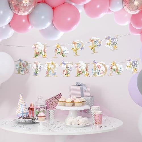 Image of Flower Butterfly Happy Birthday Banner Boho Wildflower and Butterflies Baby Banner Flower Birthday Decorations for Women Kids Girls Party Supply
