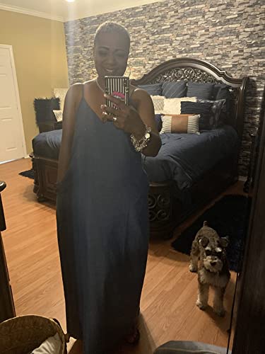 Chuanqi Womens Summer Spaghetti Strap Dresses Casual Denim Deep V Neck Loose Maxi Dress4