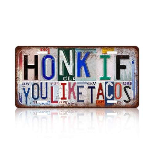 TREEPERI Vintage License plate Wall Decor Metal Sign Tin Signs for Bar Home Bedroom Garage - Honk If You Like Tacos