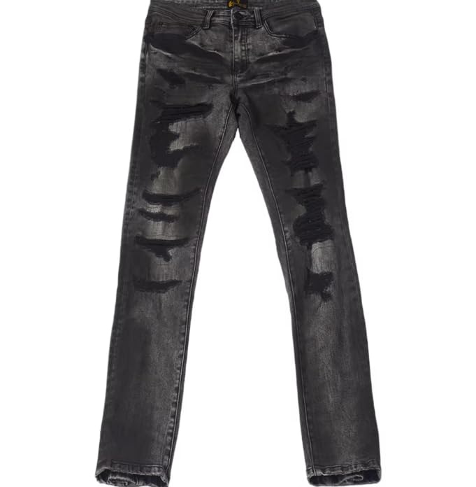 Retro Fitted Men's Denim Jeans with Fake Distressed Mid-Crotch Flared Pants