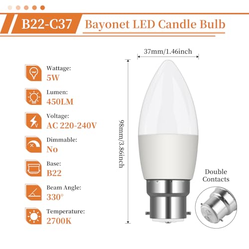 B22 Bayonet Light Bulbs, 5W (40W Equivalent) LED Candle Light Bulbs Bayonet, 2700K Warm White Energy Saving Candle Bulbs, 450LM Type B Candle Bulbs Small Bayonet for Ceiling Fan, Non-Dimmable, 6PCS