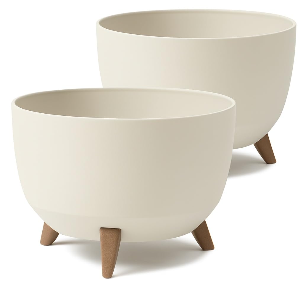 Tymar Vaso per rinvaso grande con piedistalli, vaso per fiori da esterno, vaso grande per fiori, vaschetta per fontana solare, vaso rotondo da terrazzo_Roma ((2pack) Beige; ø 47 cm)