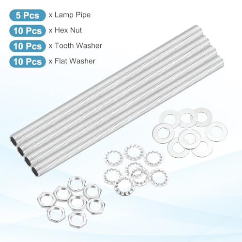 Image of MECCANIXITY 35Pcs 8.9 inch Lamp Pipe Nipples Kit with Hex Nuts Washers, M10 Fine Threaded Hollow Tube Repair Hardware Fasteners Assortment for Assembly Chandelier Ceiling Lamp DIY, Silver
