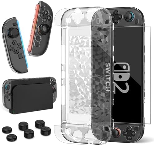 HEYSTOP Case Compatible with Nintendo Switch with Protective Film, Transparent Protective Case for Nintendo Switch Accessories with Switch Protective Film and Grip Cover Case, Shock Absorption and
