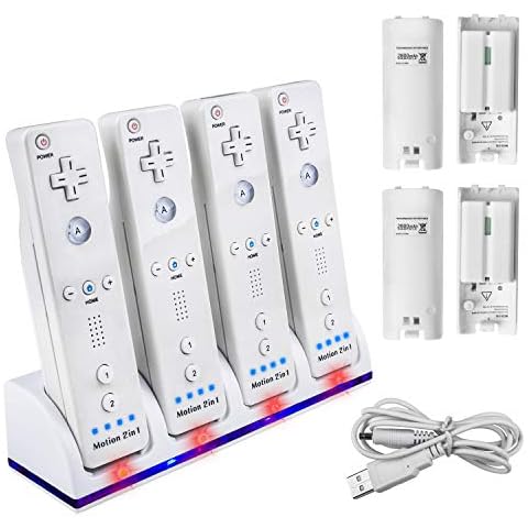 4 Pack Rechargeable Battery for Wii Remote Controller, TechKen 4 x 2800mAh Batteries with Charging Dock Station Stand (White) Cover