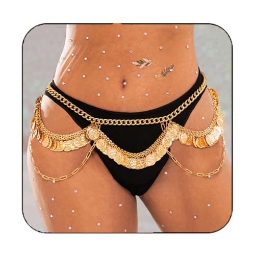 Unicra Gold Coin Waist Chain Layered Belly Chain Summer Beach Bikini Body Chain for Women and Girls