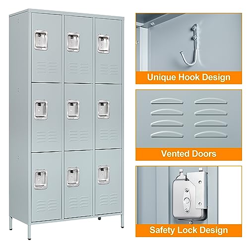 Anxxsu Metal Locker with 9 Doors Employees Locker, Metal Storage Locker with Hooks, 71" Storage Cabinet Lockers for Employees, Home, Office, Gym Requires Assembly (9 Doors, Grey) - Image 5