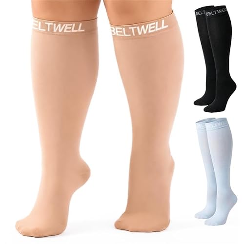Beltwell® Extra Wide Compression Socks for Women and Men 20-30mmHg - Plus Size Opaque Compression Support Stockings for walking, Varicose Veins, lymphedema, Circulation (Beige, X-Large)