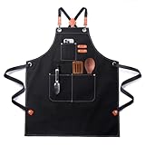 Chef Apron for Men Women with Pockets,Cross Back Cotton Canvas Plus Size Apron for Cooking BBQ Baking Gardening(Black)