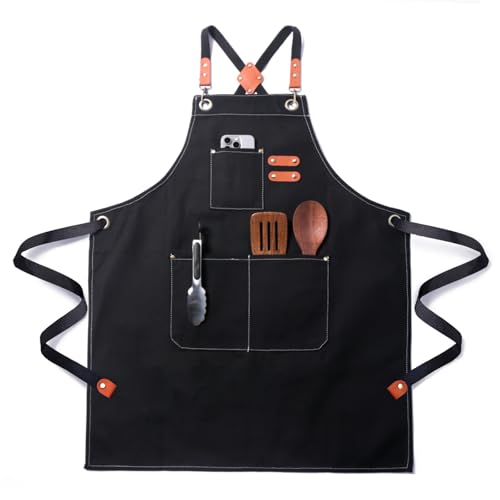 FortuWrap Tablier de Cuisine Professionnel en Toile, Imperméable et Réglable, avec Poches – Tablier de Travail pour Homme et Femme, Chef, Serveur, Barbecue, Peinture, Jardin, Restaurant(Noir)