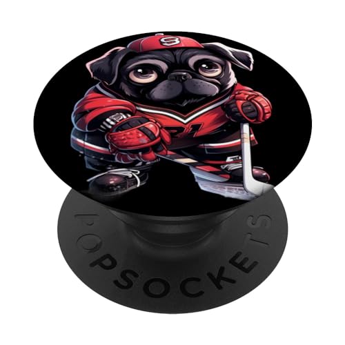 Pug Ice Hockey Player Dog Hockey Stick Goalie PopSockets Swappable PopGrip, Black